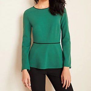 Ann Taylor Shaded Emerald Petite Piped Peplum Top